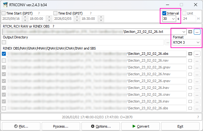 Settings in RTKCONV