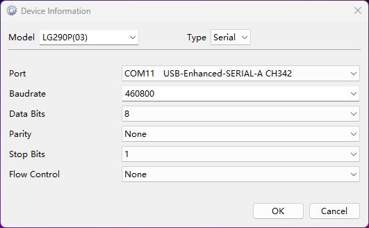 Select the COM port and baud rate