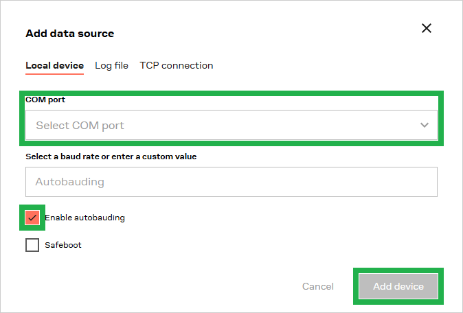 Select the COM port and autobaud