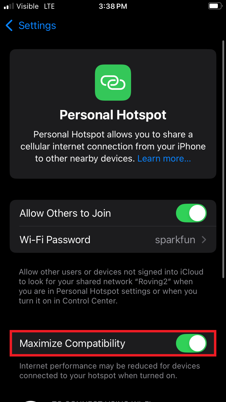 iOS Hotspot settings