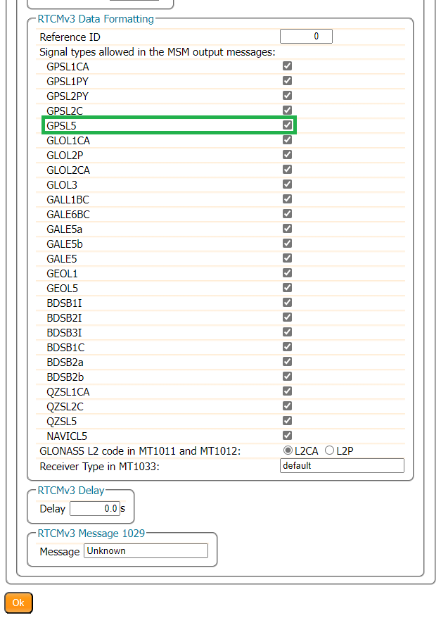 Advanced settings for RTCMv3 Data Formatting