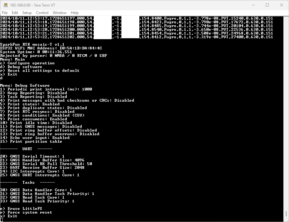 ESP32 firmware debug menu