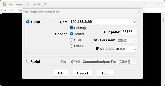 Tera Term configuration for TCP